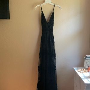 Black sheer legged prom dress with black flowers
